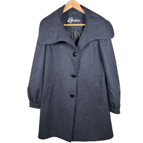Guess Jackets & Blazers - Guess Womens Large Dark Gray Wool Blend Lined Collared Fitted Pea Coat